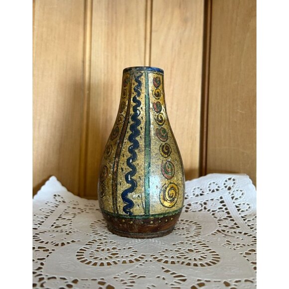 Hand Turned Wood Vase Hand Painted Rustic Abstract Boho Style Home Decor - Picture 4 of 6